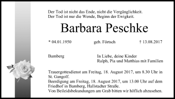 Traueranzeige von Barbara Peschke