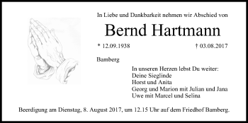 Traueranzeige von Bernd Hartmann