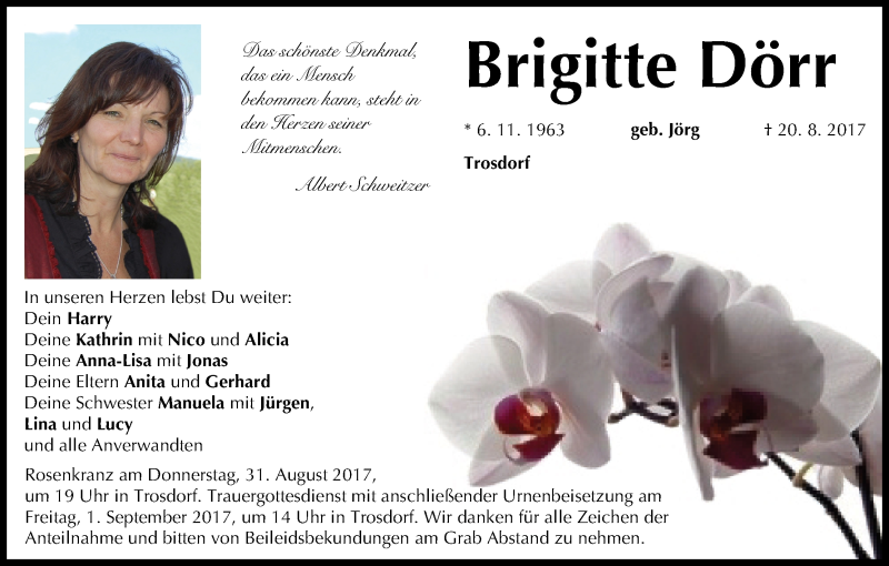  Traueranzeige für Brigitte Dörr vom 26.08.2017 aus MGO