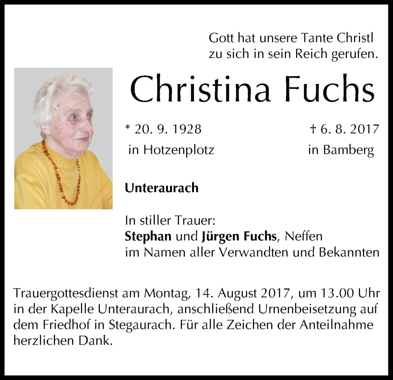  Traueranzeige für Christina Fuchs vom 12.08.2017 aus MGO