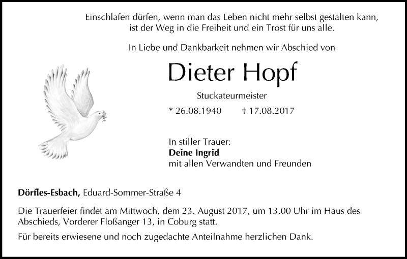  Traueranzeige für Dieter Hopf vom 19.08.2017 aus MGO