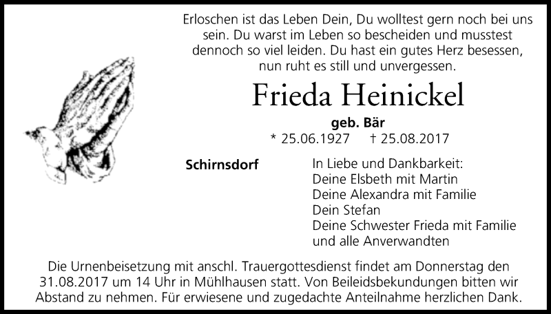  Traueranzeige für Frieda Heinickel vom 29.08.2017 aus MGO