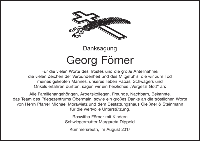  Traueranzeige für Georg Förner vom 26.08.2017 aus MGO