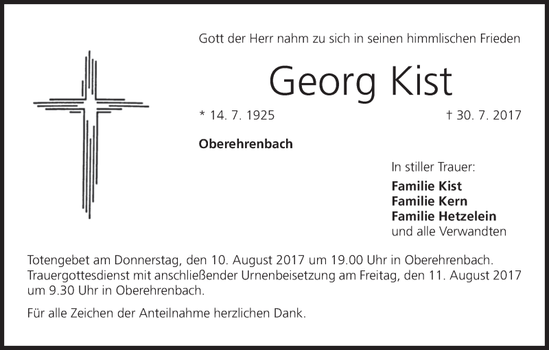  Traueranzeige für Georg Kist vom 02.08.2017 aus MGO