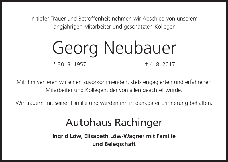  Traueranzeige für Georg Neubauer vom 09.08.2017 aus MGO