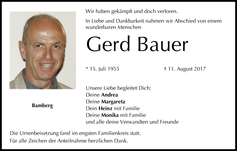 Traueranzeige für Gerd Bauer vom 26.08.2017 aus MGO