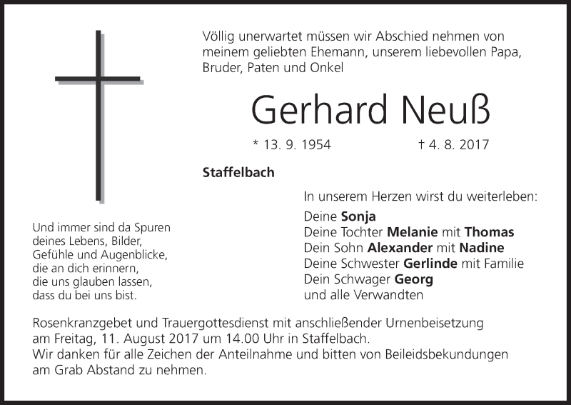  Traueranzeige für Gerhard Neuß vom 09.08.2017 aus MGO