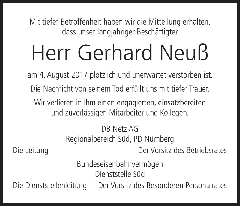  Traueranzeige für Gerhard Neuß vom 10.08.2017 aus MGO