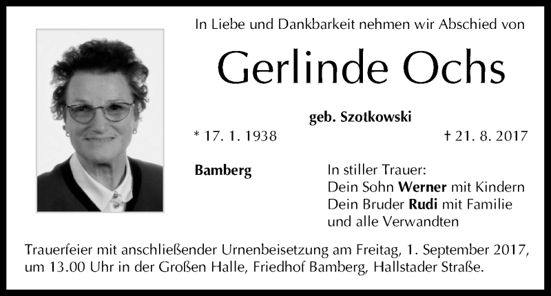  Traueranzeige für Gerlinde Ochs vom 26.08.2017 aus MGO