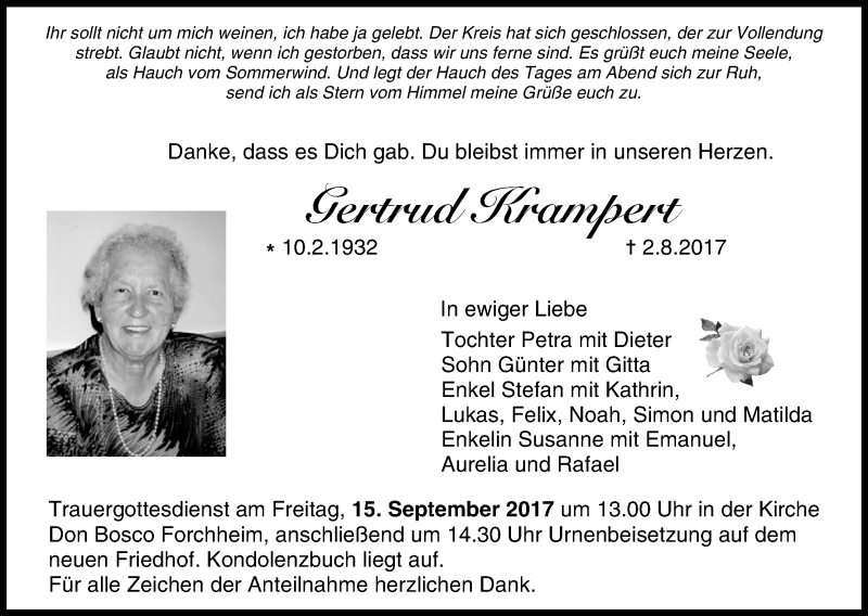  Traueranzeige für Gertrud Krampert vom 12.08.2017 aus MGO