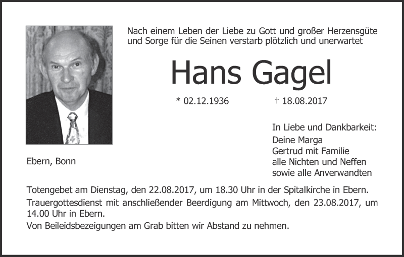  Traueranzeige für Hans Gagel vom 21.08.2017 aus MGO