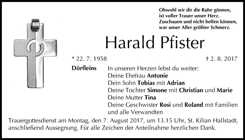  Traueranzeige für Harald Pfister vom 05.08.2017 aus MGO