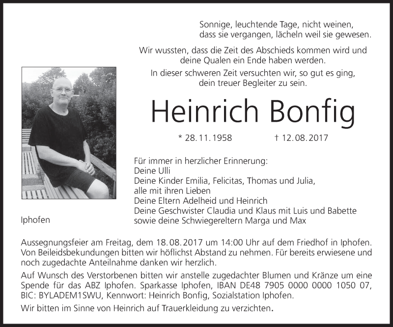  Traueranzeige für Heinrich Bonfig vom 16.08.2017 aus MGO