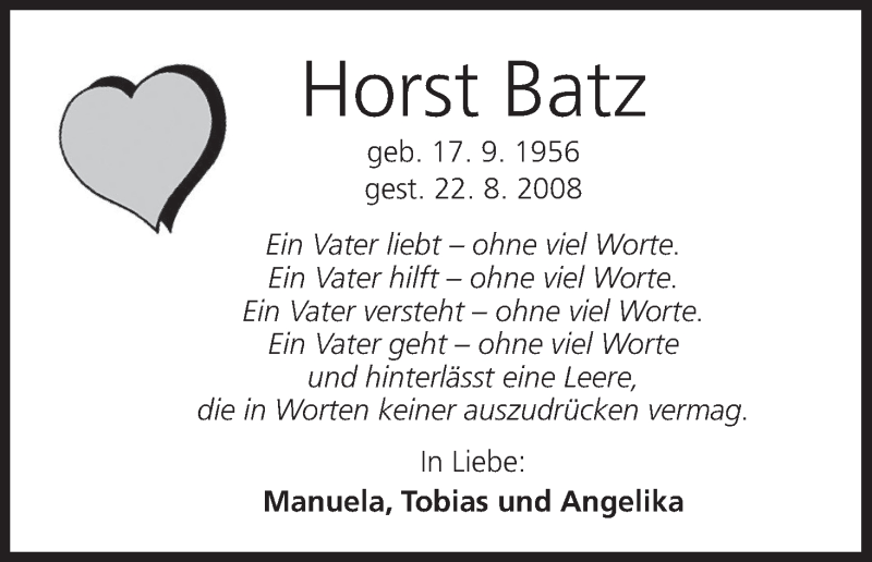  Traueranzeige für Horst Batz vom 26.08.2017 aus MGO