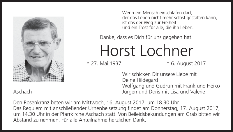  Traueranzeige für Horst Lochner vom 12.08.2017 aus MGO