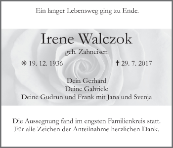 Traueranzeige von Irene Walczok
