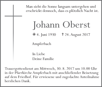 Anzeige von Johann Oberst von MGO