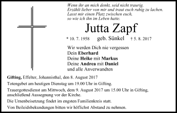 Anzeige von Jutta Zapf von MGO