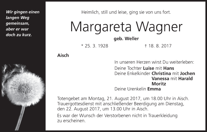  Traueranzeige für Margareta Wagner vom 19.08.2017 aus MGO