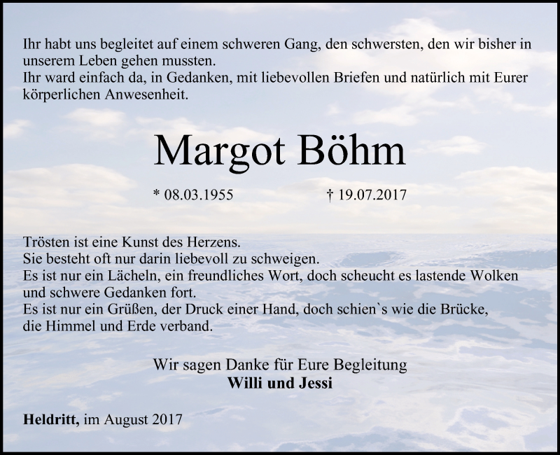  Traueranzeige für Margot Böhm vom 12.08.2017 aus MGO