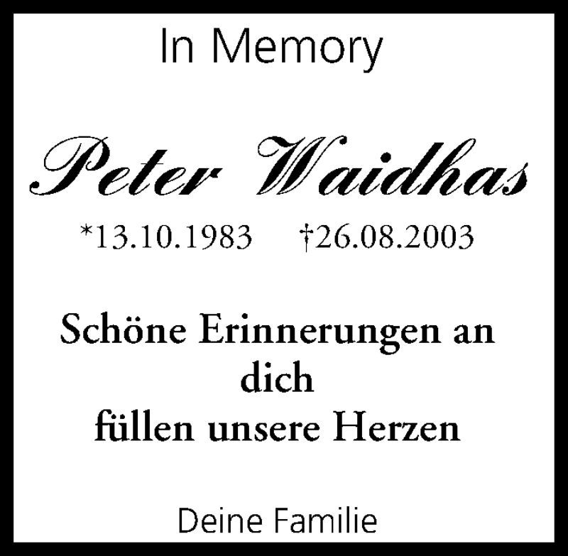  Traueranzeige für Peter Waidhas vom 26.08.2017 aus MGO