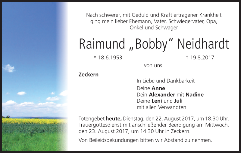  Traueranzeige für Raimund Bobby Neidhardt vom 22.08.2017 aus MGO
