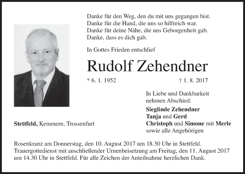  Traueranzeige für Rudolf Zehendner vom 08.08.2017 aus MGO