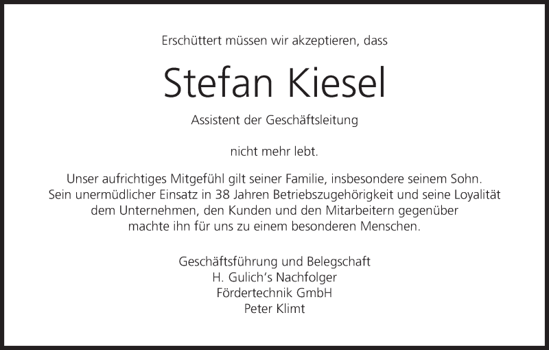  Traueranzeige für Stefan Kiesel vom 11.08.2017 aus MGO