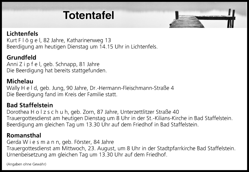  Traueranzeige für Totentafel vom 22.08.2017 vom 22.08.2017 aus MGO