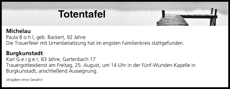  Traueranzeige für Totentafel vom 24.08.2017 vom 24.08.2017 aus MGO