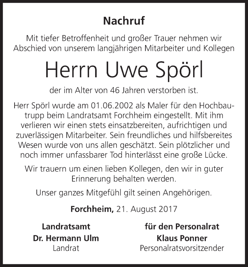  Traueranzeige für Uwe Spörl vom 22.08.2017 aus MGO