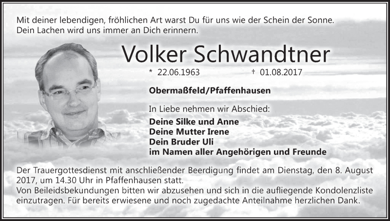 Traueranzeige für Volker Schwandtner vom 05.08.2017 aus MGO