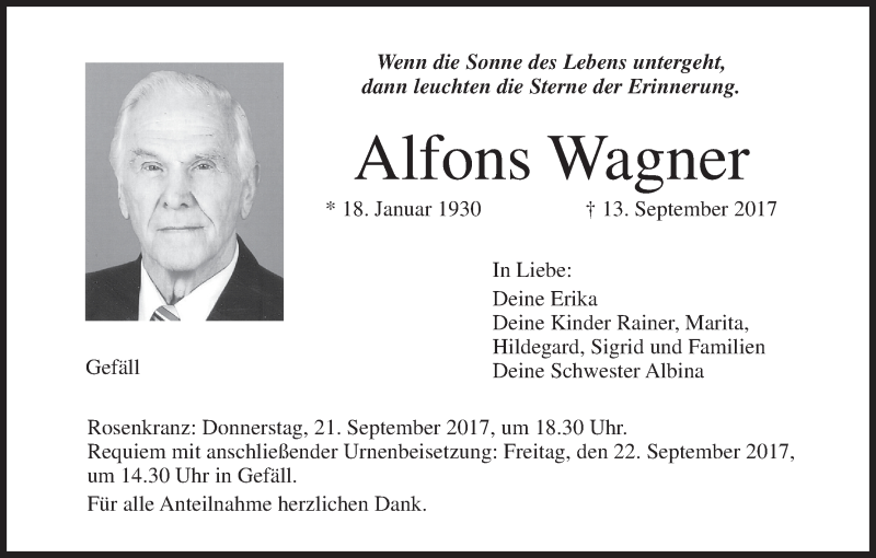  Traueranzeige für Alfons Wagner vom 16.09.2017 aus MGO