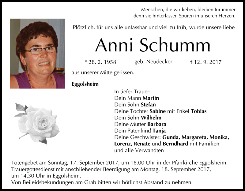  Traueranzeige für Anni Schumm vom 15.09.2017 aus MGO