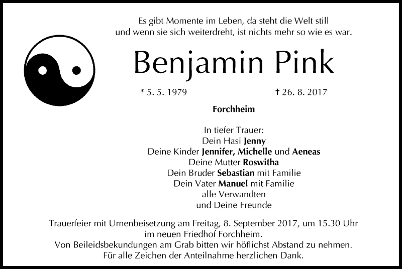  Traueranzeige für Benjamin Pink vom 05.09.2017 aus MGO