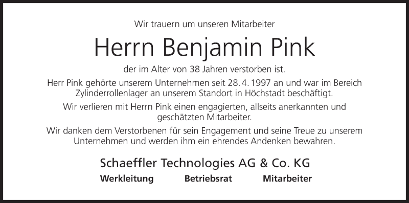  Traueranzeige für Benjamin Pink vom 18.09.2017 aus MGO