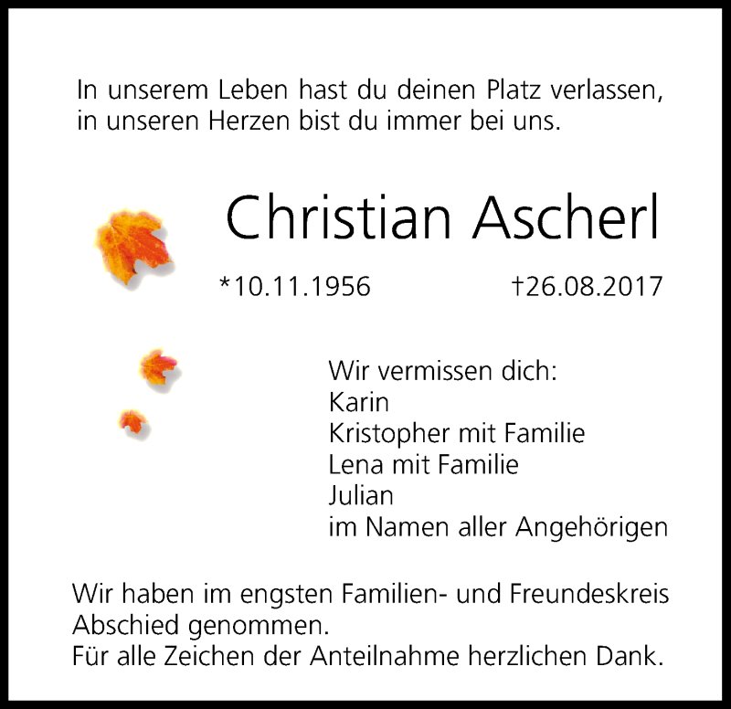  Traueranzeige für Christian Ascherl vom 16.09.2017 aus MGO