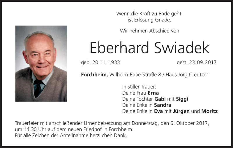  Traueranzeige für Eberhard Swiadek vom 30.09.2017 aus MGO