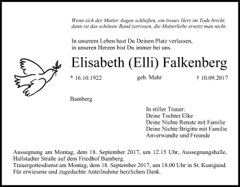 Traueranzeige von Elisabeth Falkenberg von Musterzeitung