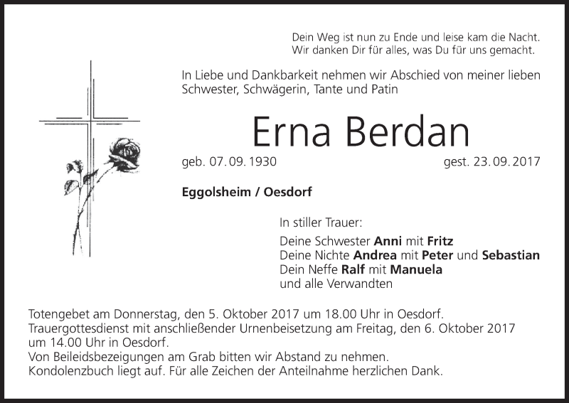  Traueranzeige für Erna Berdan vom 30.09.2017 aus MGO