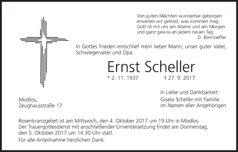  Traueranzeige für Ernst Scheller vom 30.09.2017 aus MGO