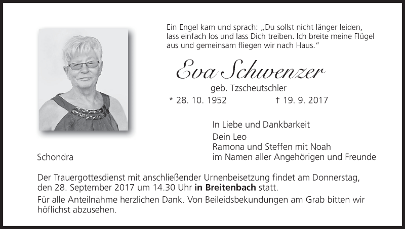  Traueranzeige für Eva Schwenzer vom 23.09.2017 aus MGO