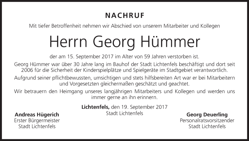  Traueranzeige für Georg Hümmer vom 20.09.2017 aus MGO