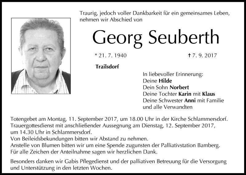  Traueranzeige für Georg Seuberth vom 09.09.2017 aus MGO
