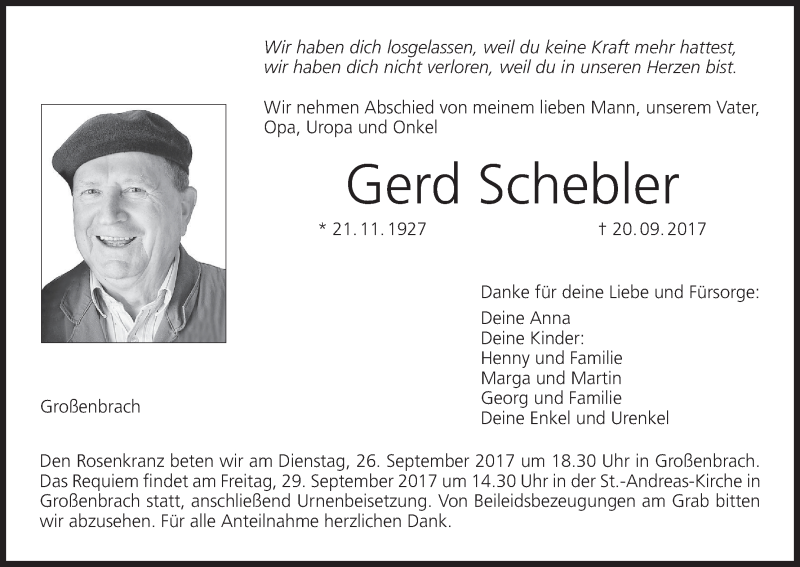  Traueranzeige für Gerd Schebler vom 26.09.2017 aus MGO