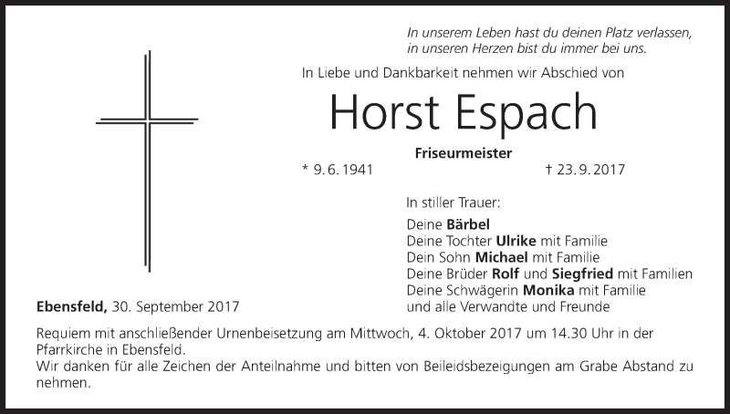  Traueranzeige für Horst Espach vom 30.09.2017 aus MGO
