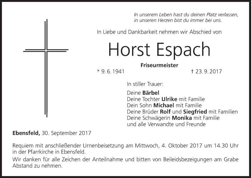  Traueranzeige für Horst Espach vom 30.09.2017 aus MGO