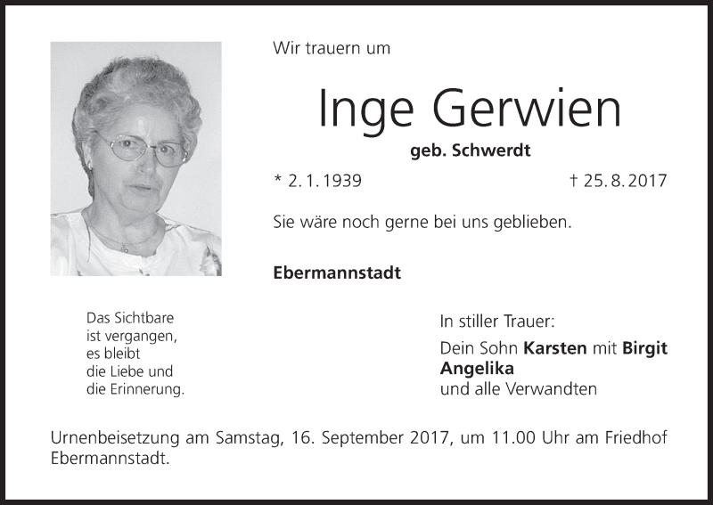  Traueranzeige für Inge Gerwien vom 13.09.2017 aus MGO