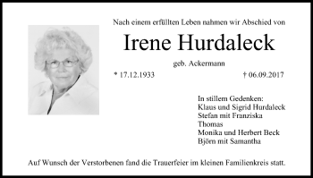 Traueranzeige von Irene Hurdaleck