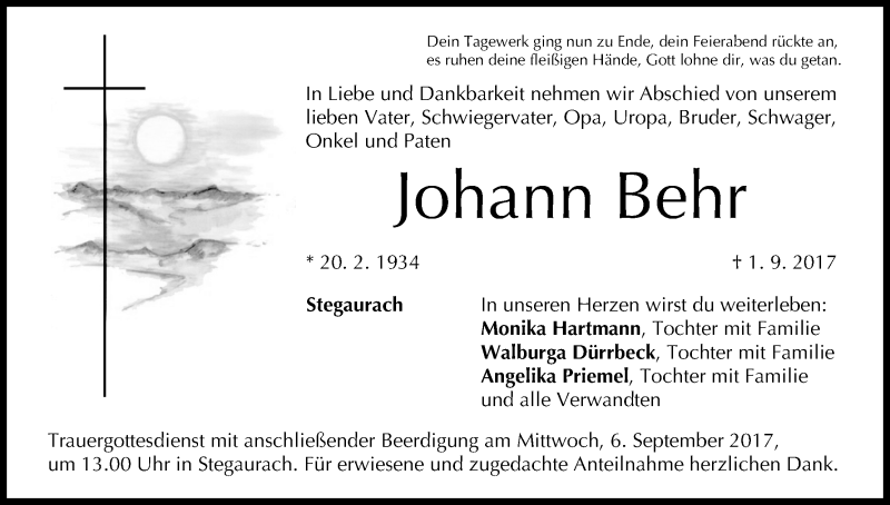 Johann Behr | Traueranzeige | trauer.inFranken.de